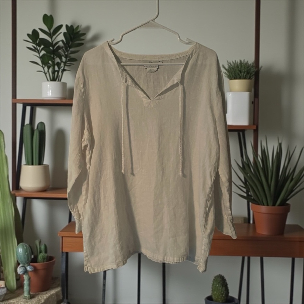 Hot Cotton White Linen Tunic Top with Ruffled Cuffs Size Lg